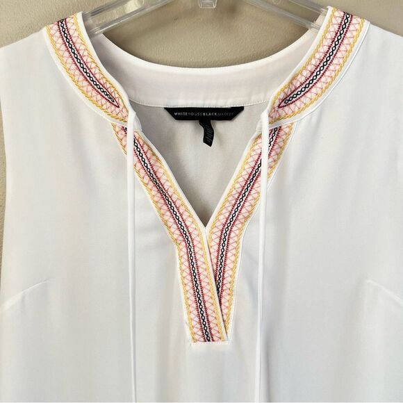 WHBM Boho White Sleeveless Top Blouse Embroidered Tassal Neckline - Picture 2 of 11